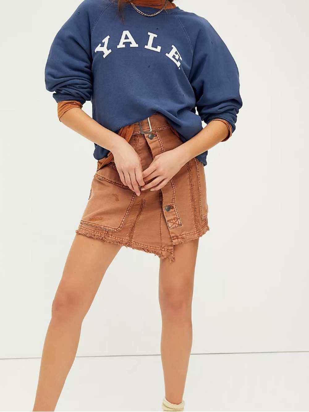 Free People Rust Brown Asymmetrical Utility Denim Mini Skirt - Size 27